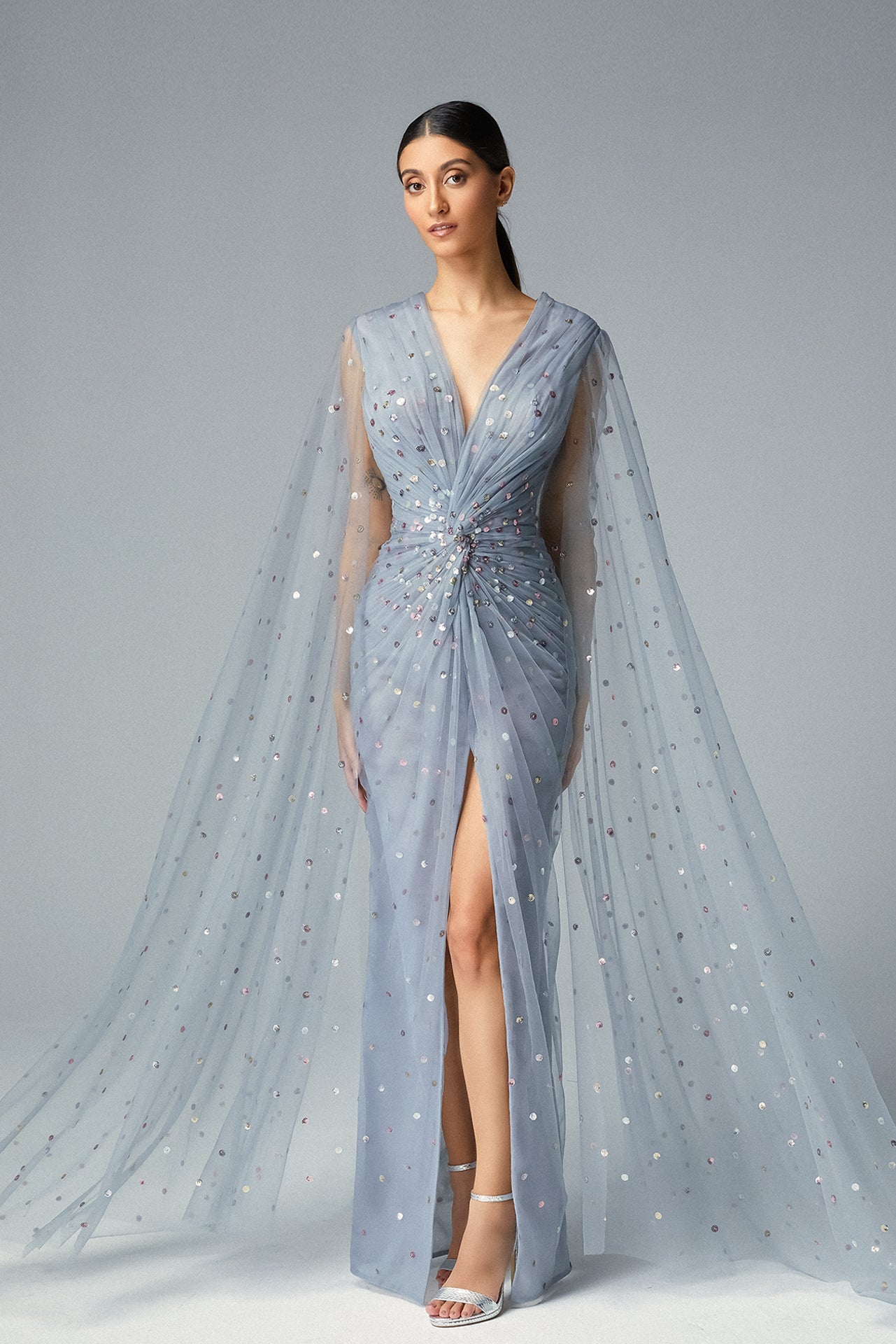 Ruched Cape Sleeve Gown