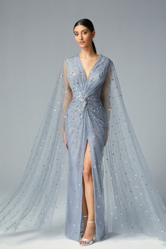 Ruched Cape Sleeve Gown