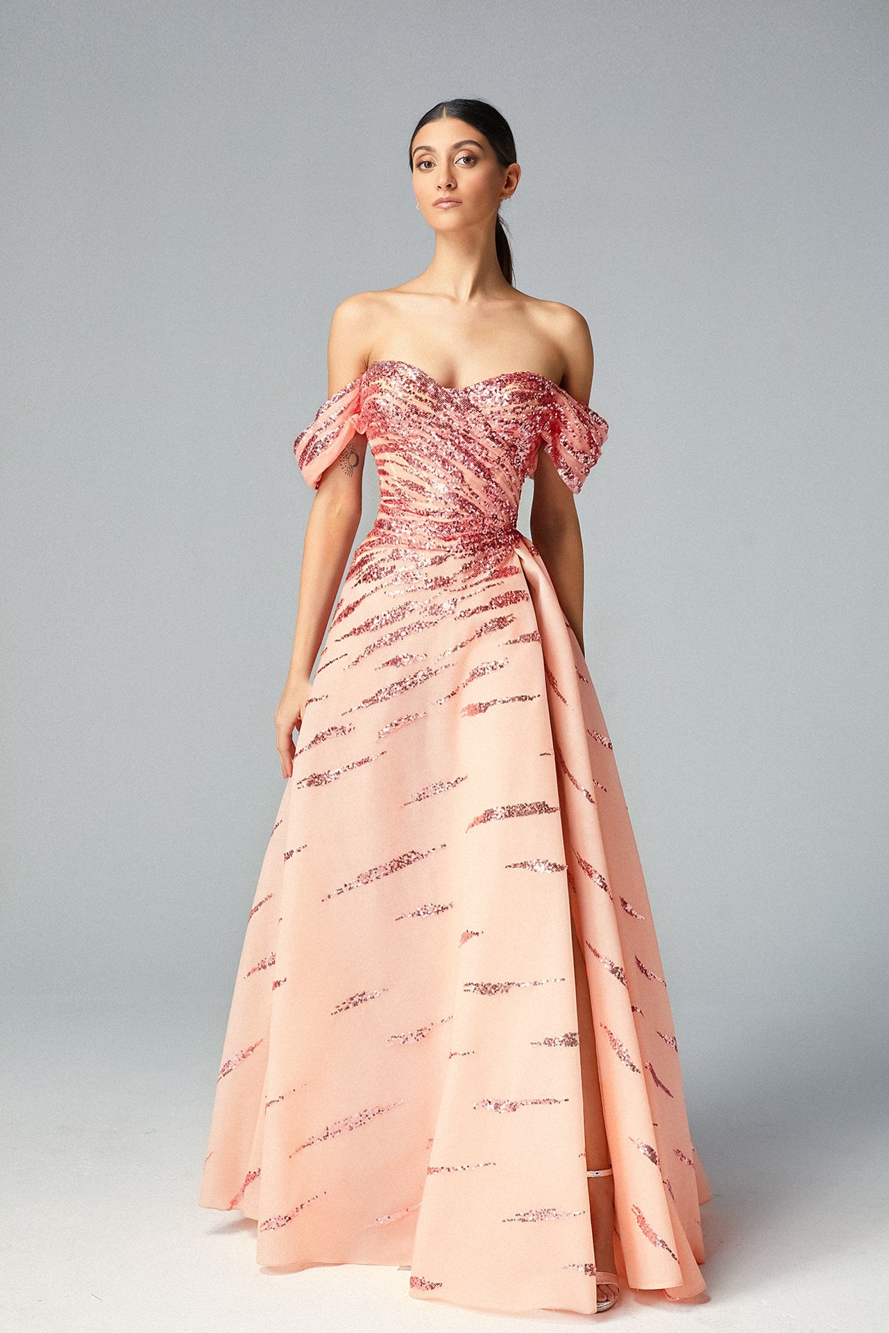 Sequin Off Draped Shoulder Gown