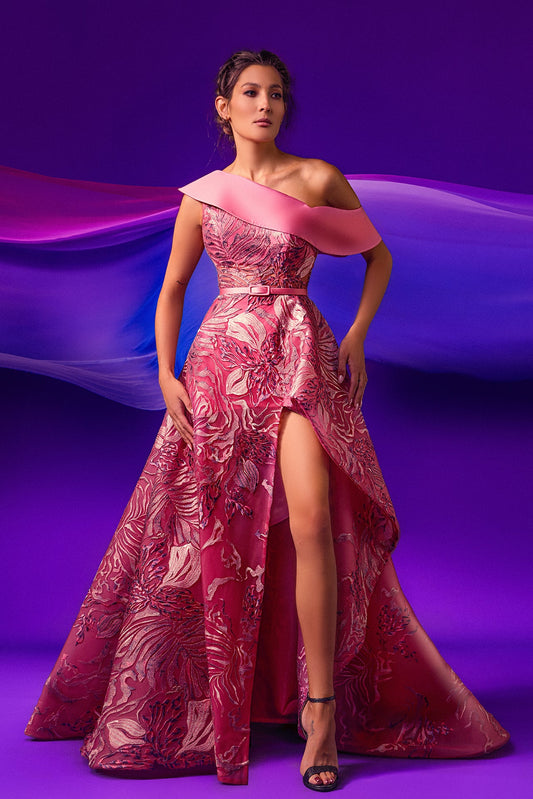 One Shoulder Cady Embroidered Tulle Gown