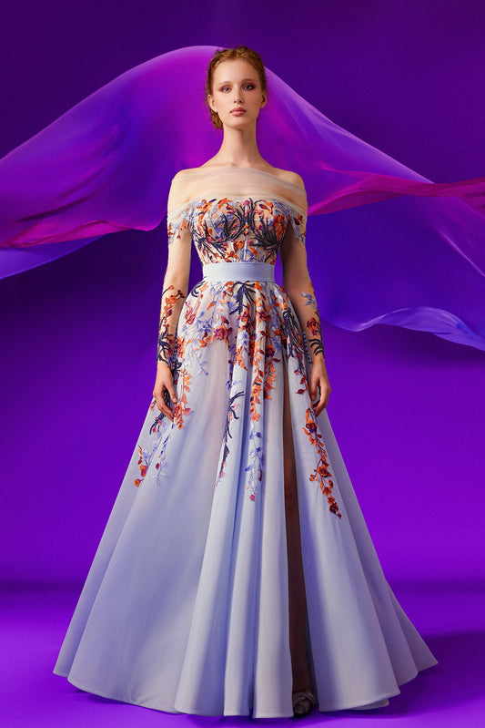 Sheer Tulle Off Shoulder A-Line Gown
