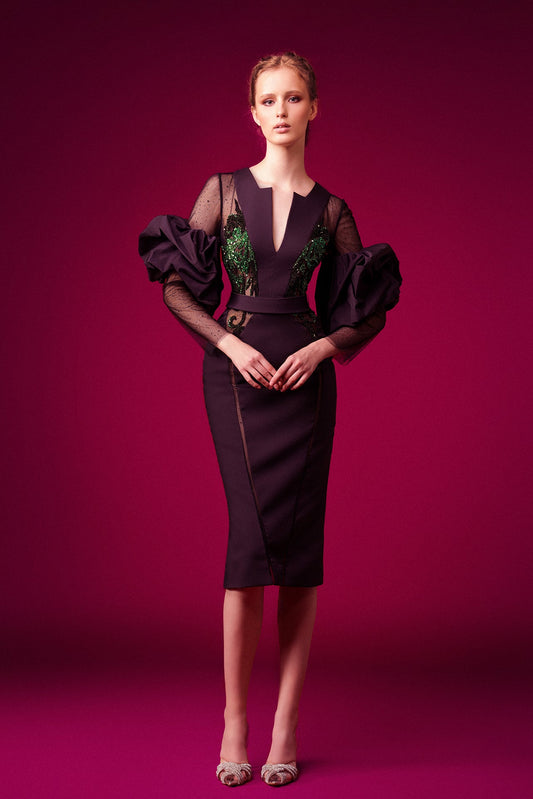 Long Sleeve V-Neck Embroidered Midi Dress