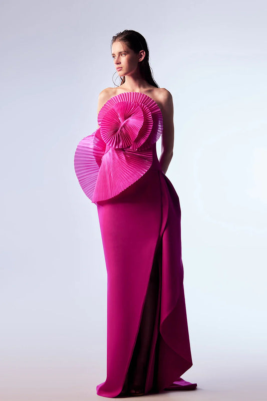 Strapless Ruffled Floral Gown