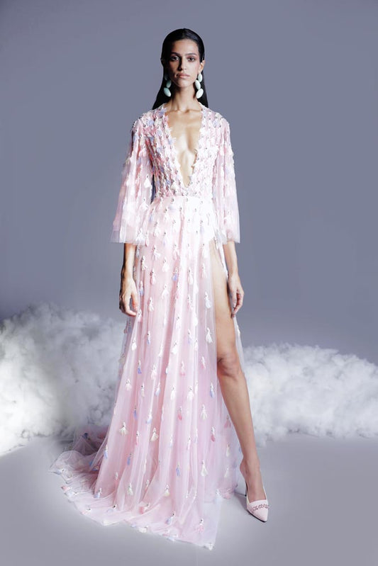 Beaded Tulle Slit Gown
