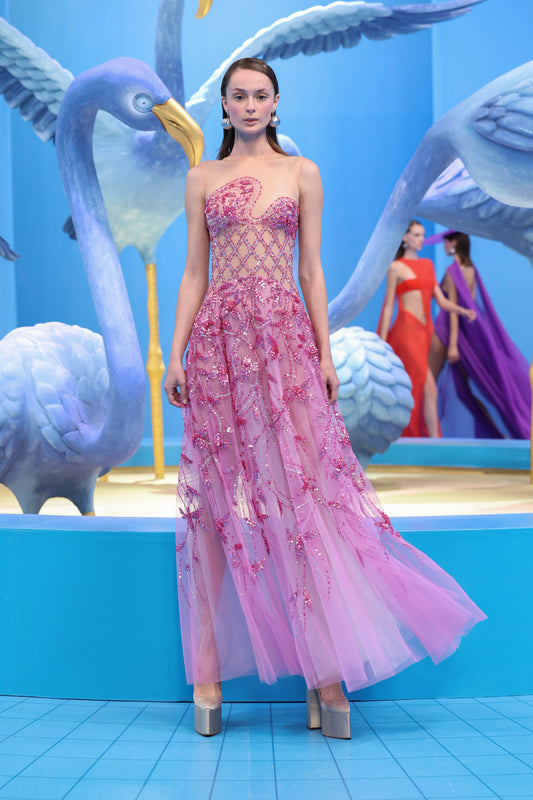 Beaded Tulle Dress with Asymmetrical Bodice