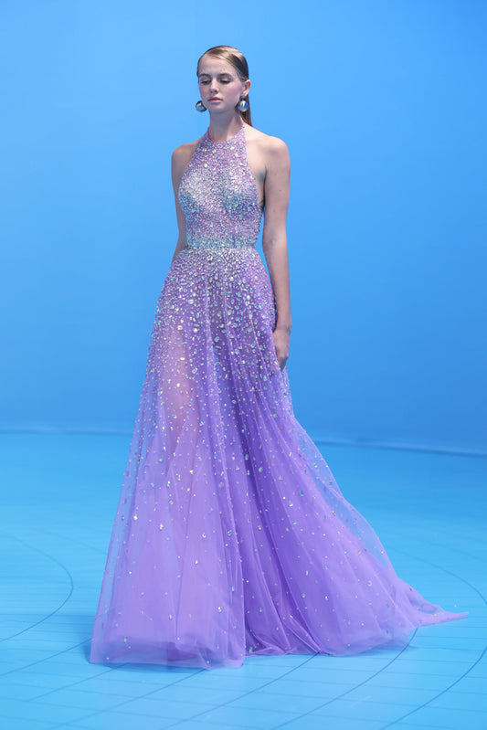 Beaded Tulle Halter Neck Gown