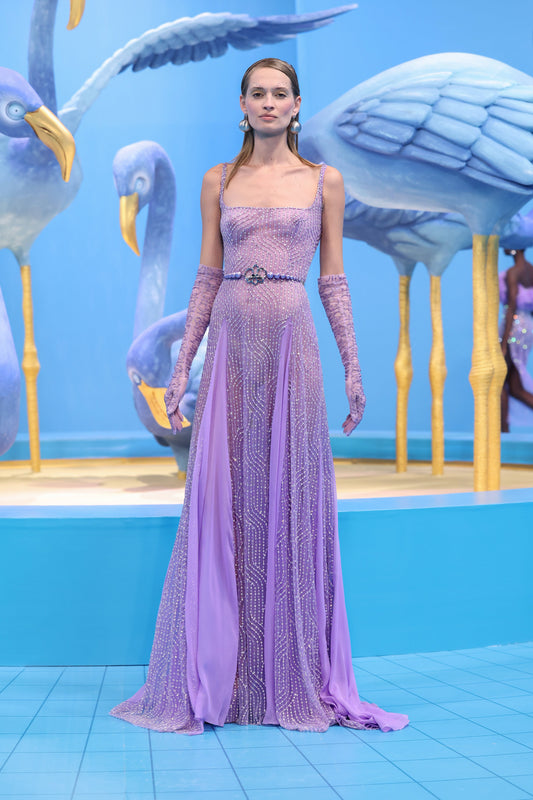 Beaded Tulle Gown with Georgette Panels