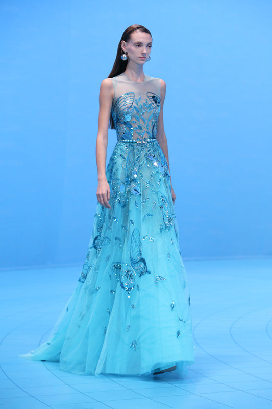 Beaded Tulle Illusion Sleeveless Gown