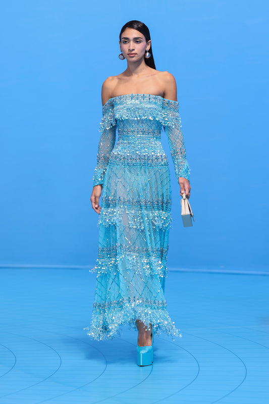 Off Shoulder Beaded Tulle Midi Dress