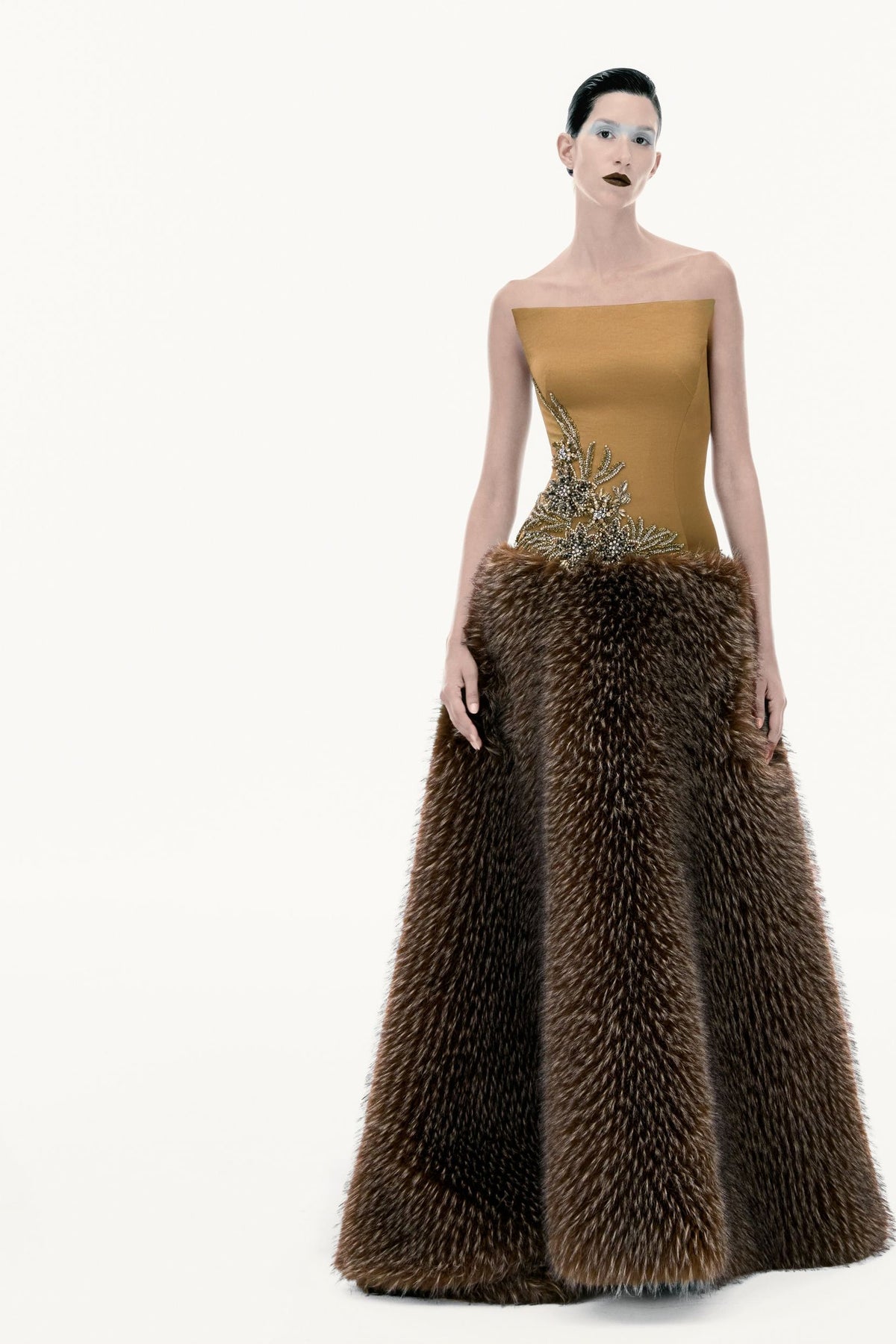 Asymmetric Fur Dress - Brown