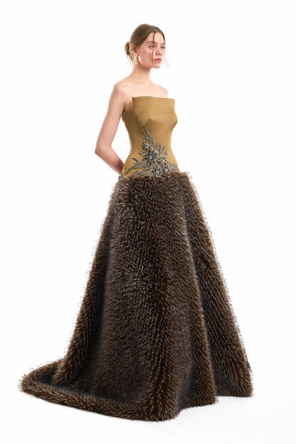 Asymmetric Fur Dress - Brown