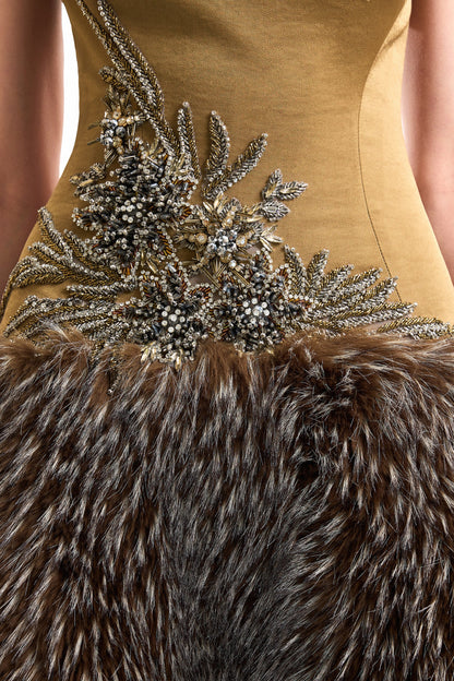 Asymmetric Fur Dress - Brown