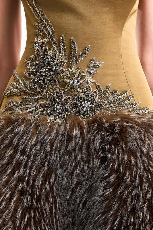 Asymmetric Fur Dress - Brown