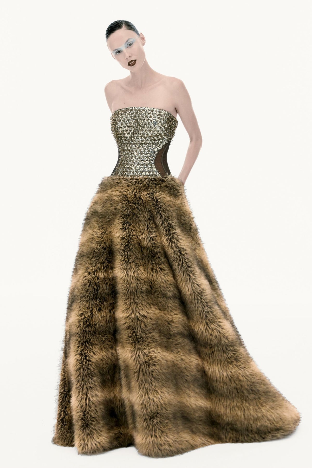 Metallic Fur Corset Gown - Brown