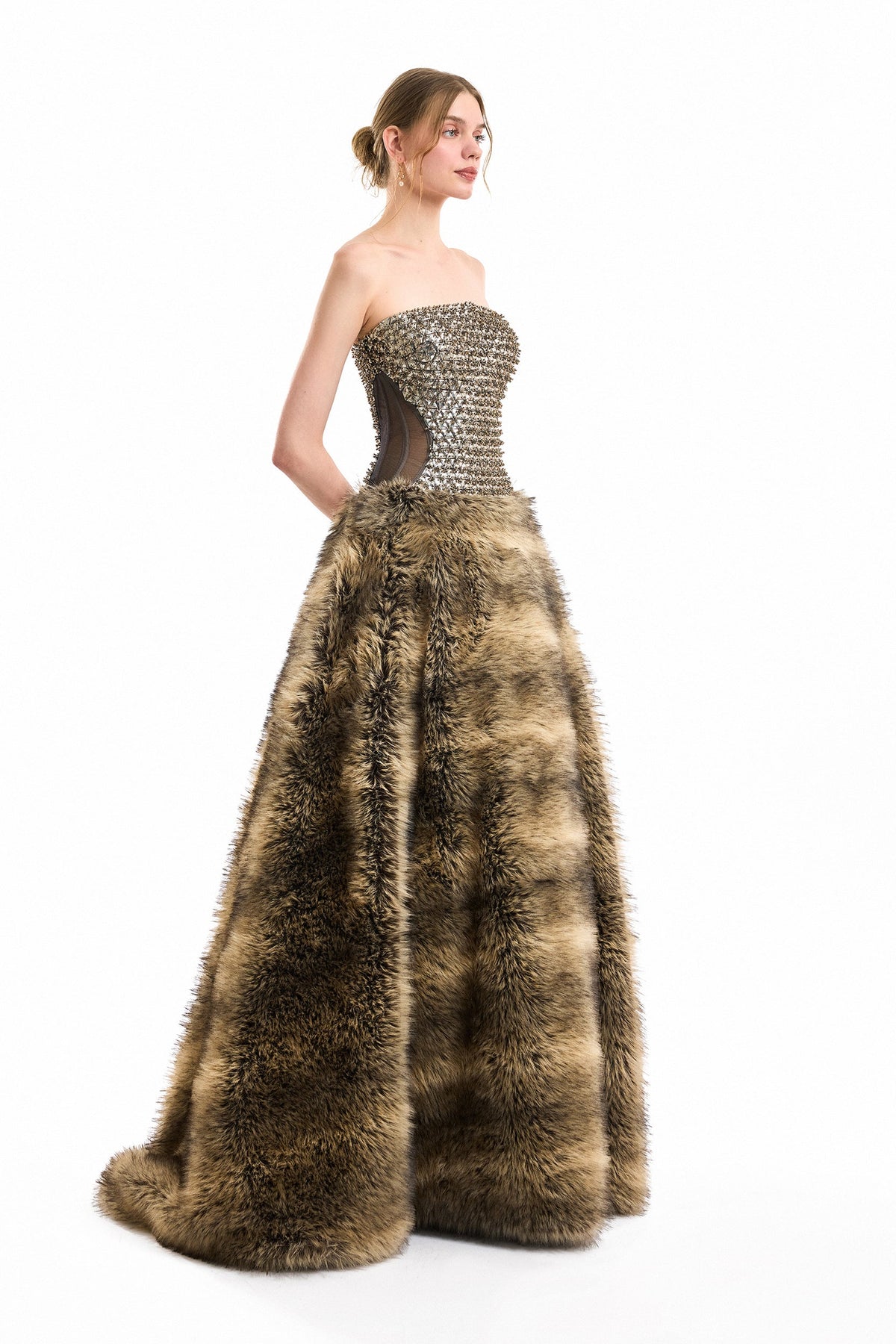 Metallic Fur Corset Gown - Brown