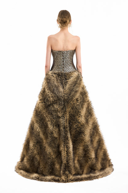 Metallic Fur Corset Gown - Brown