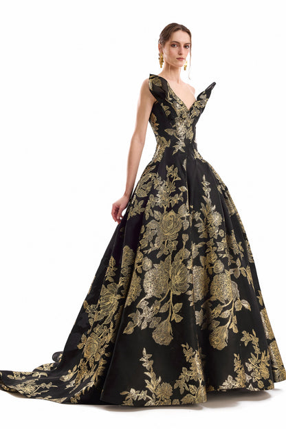 Floral Brocade Ball Dress - Black
