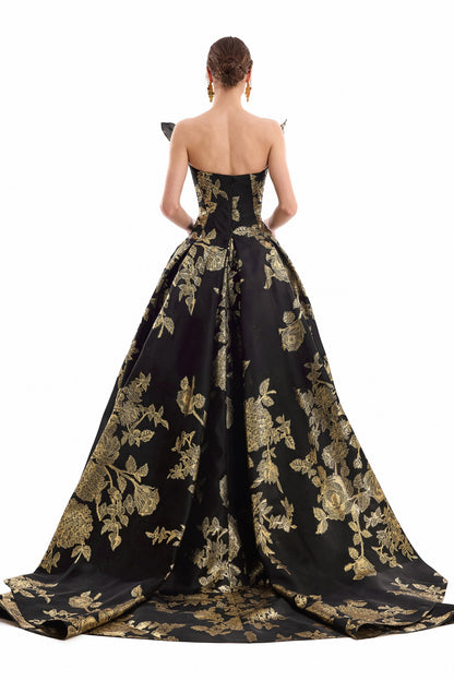Floral Brocade Ball Dress - Black