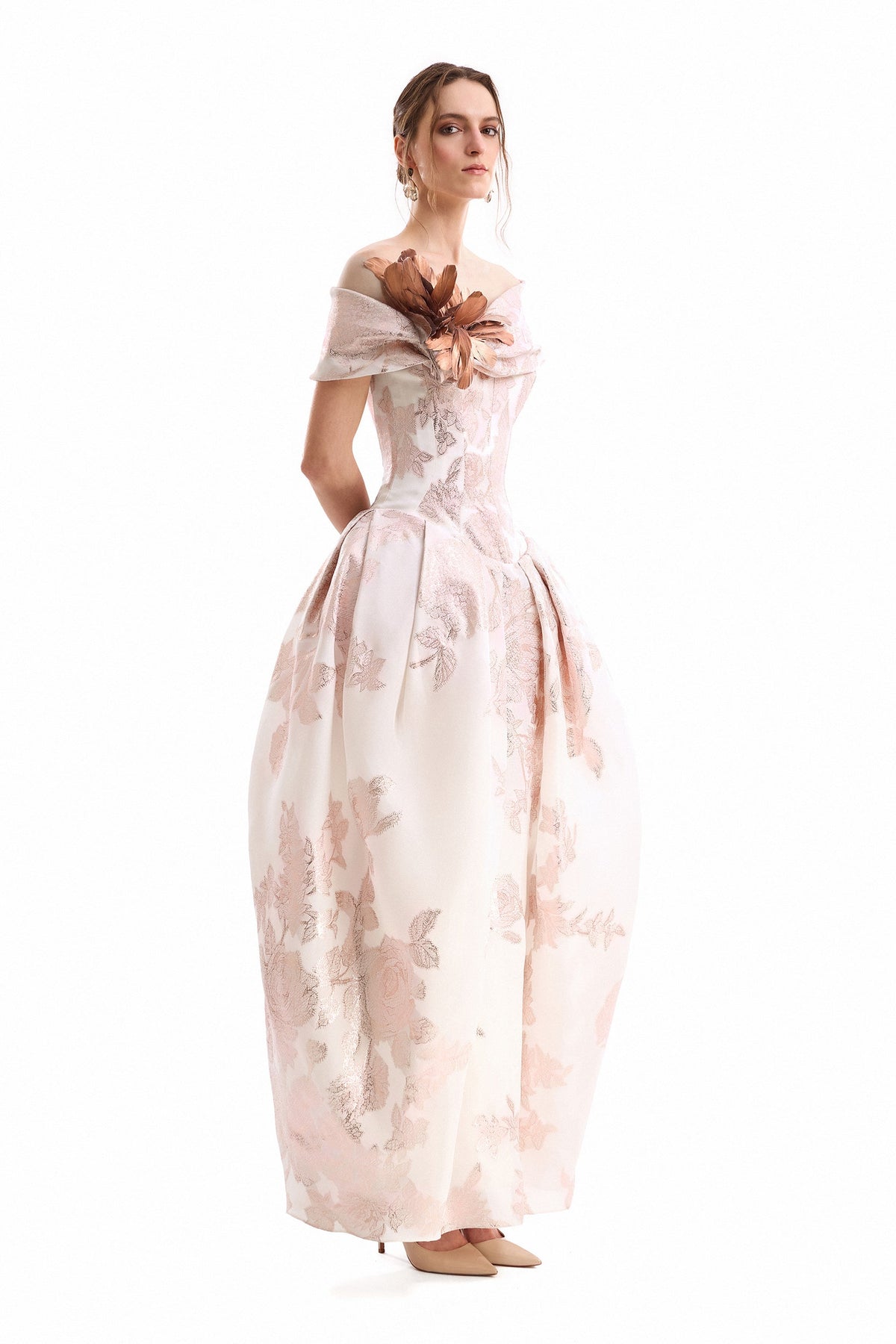 Feather Brocade Dress - Pink