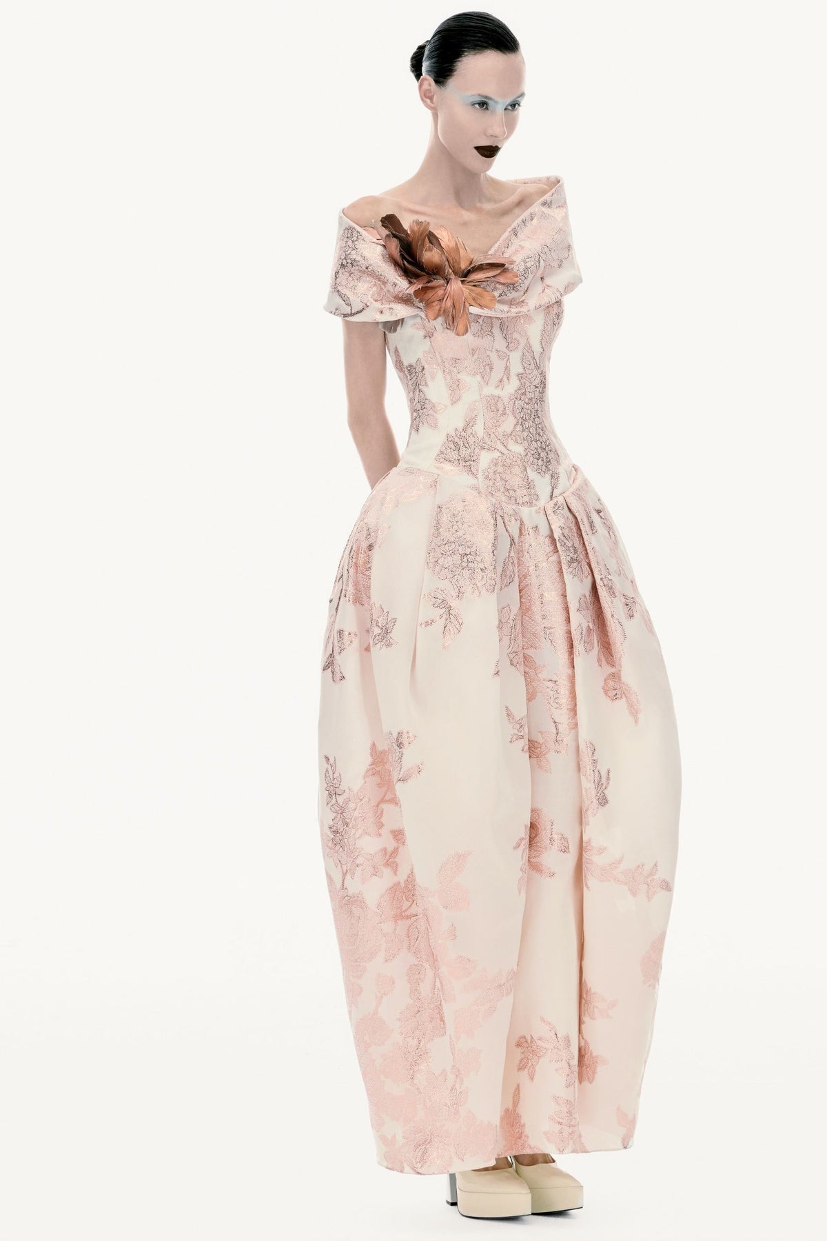 Feather Brocade Dress - Pink