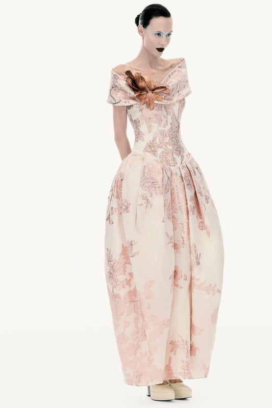 Feather Brocade Dress - Pink
