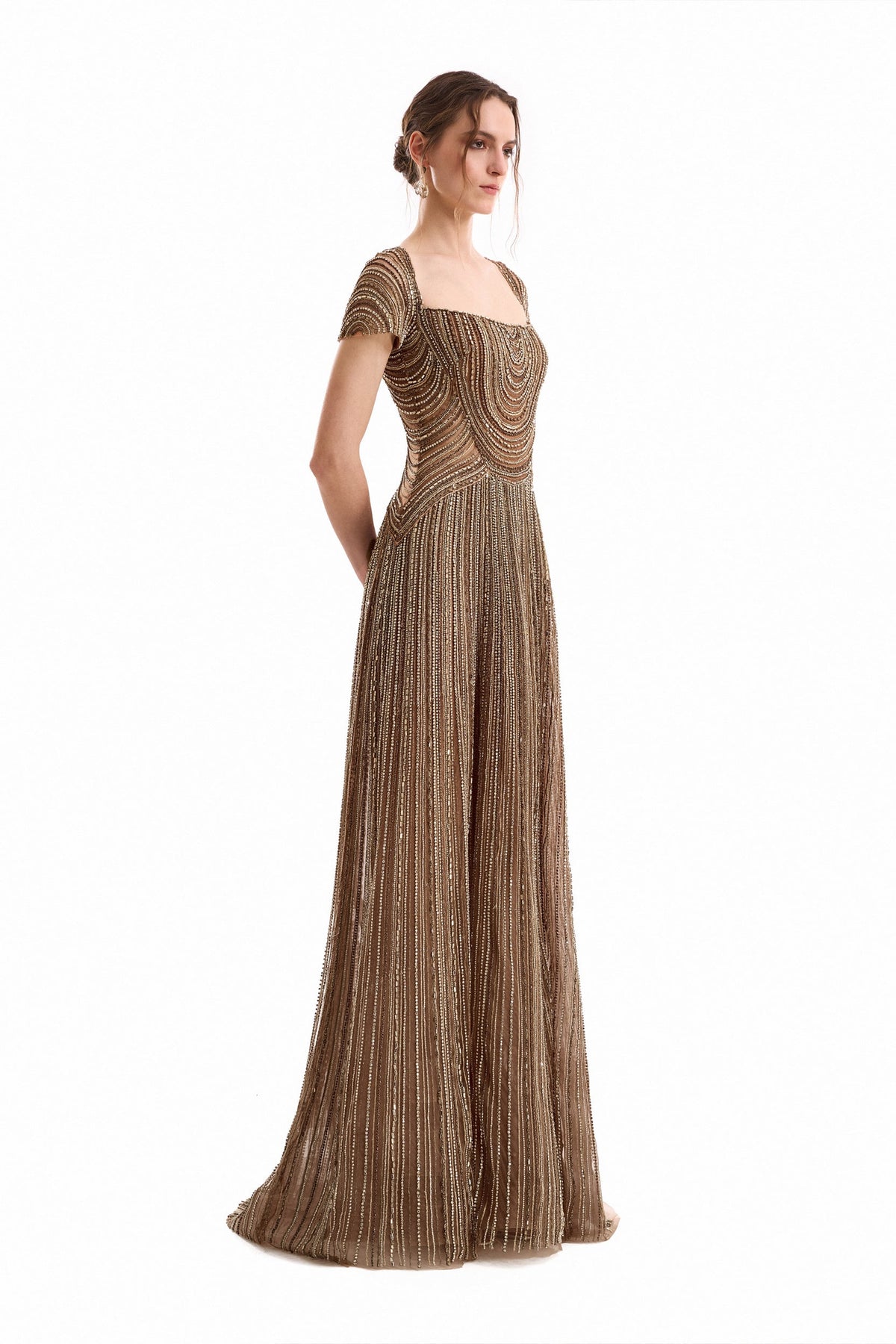 Beaded Square-Neck Dress - Brown
