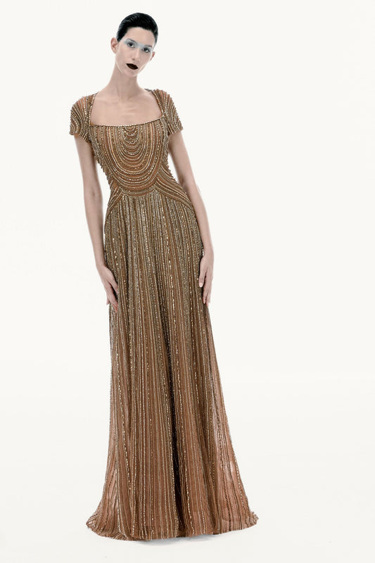 Beaded Square-Neck Dress - Brown