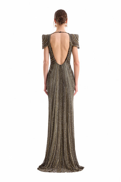Beaded Open-Back Dress - Gold