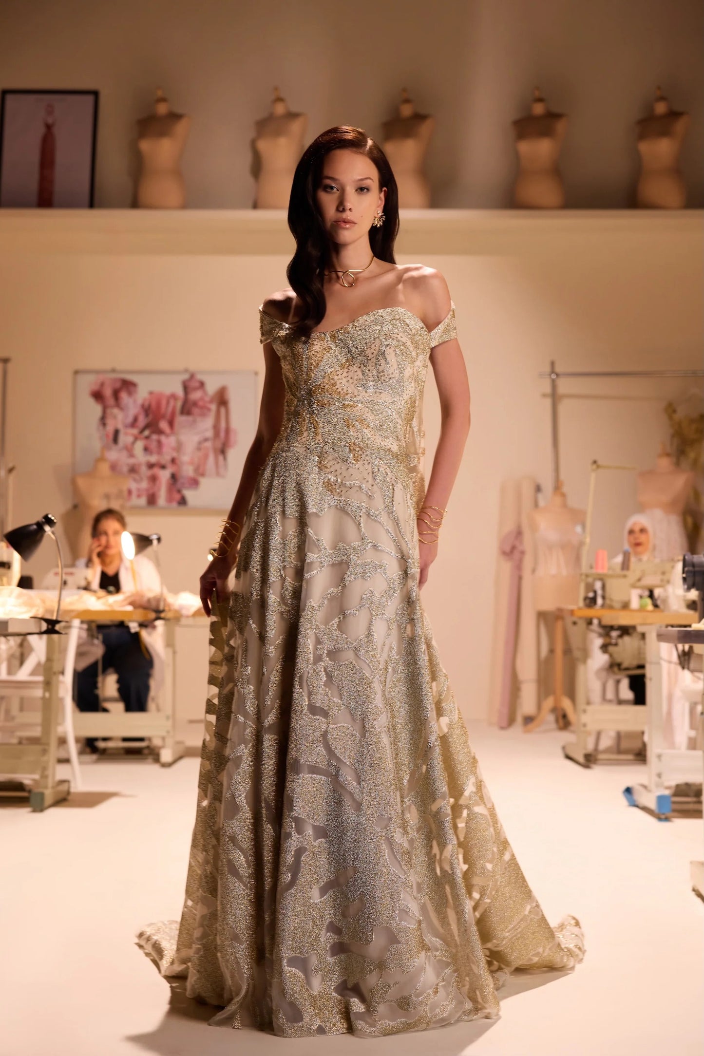 Off-Shoulder Gown with Embroidered Cape