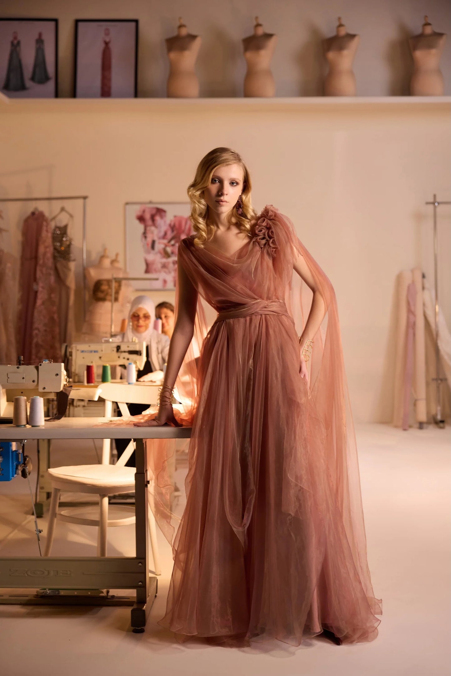 Draped Gown with Floral Shoulder