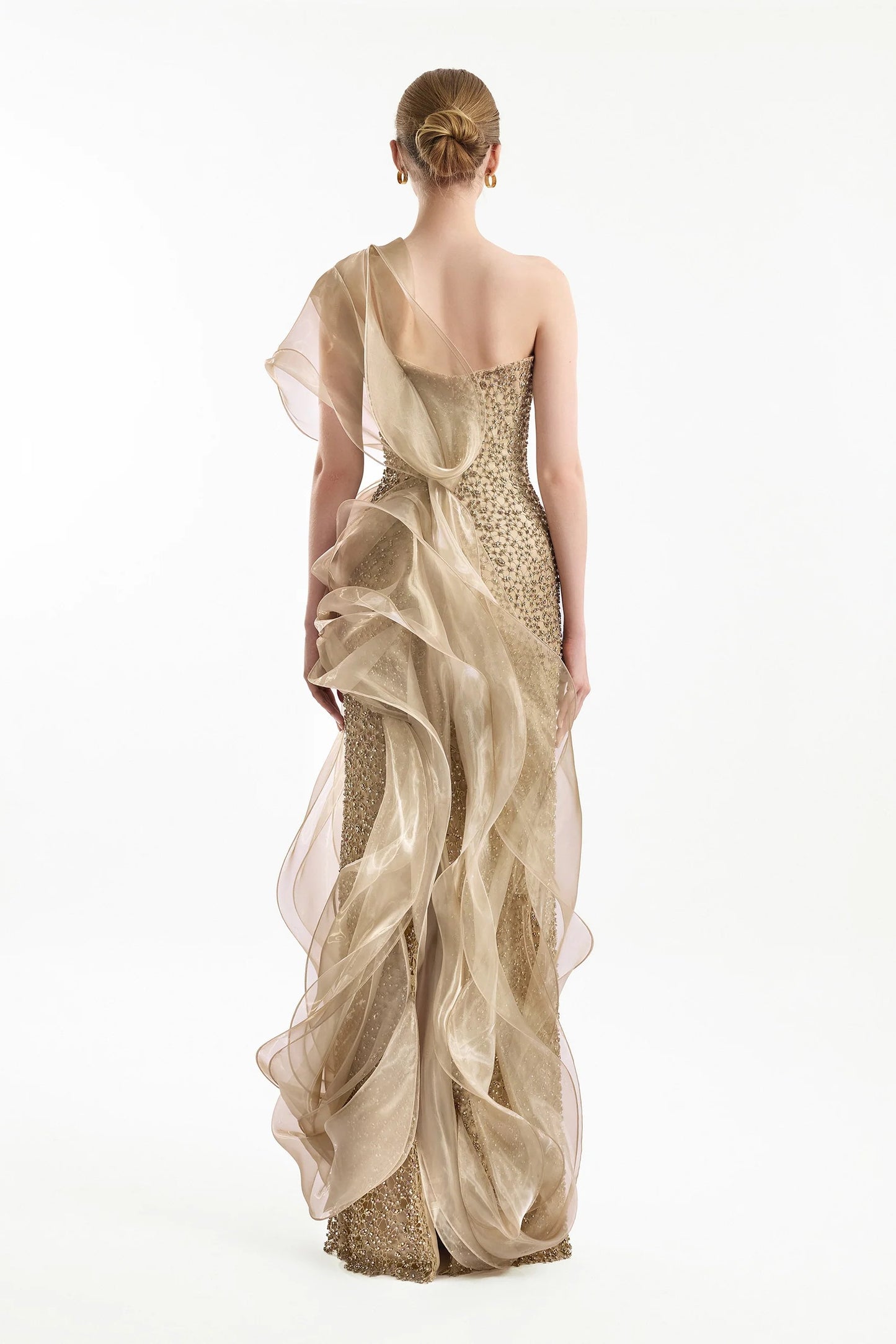 Beaded One-Shoulder Draped Gown