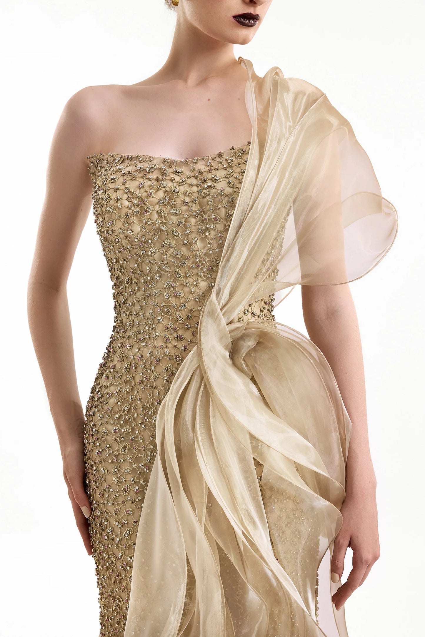 Beaded One-Shoulder Draped Gown