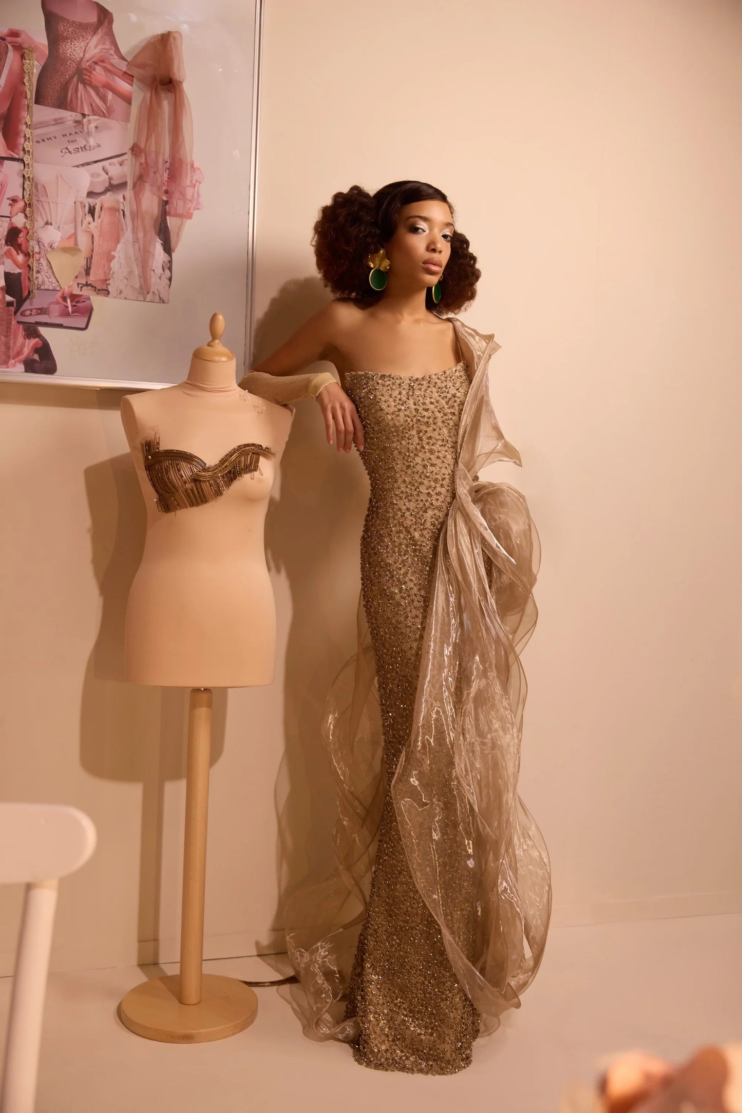 Beaded One-Shoulder Draped Gown