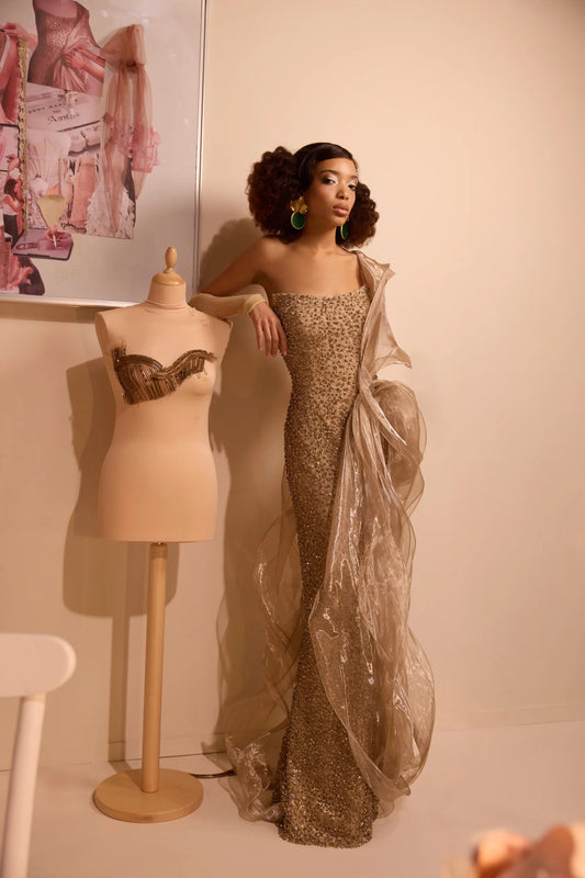 Beaded One-Shoulder Draped Gown