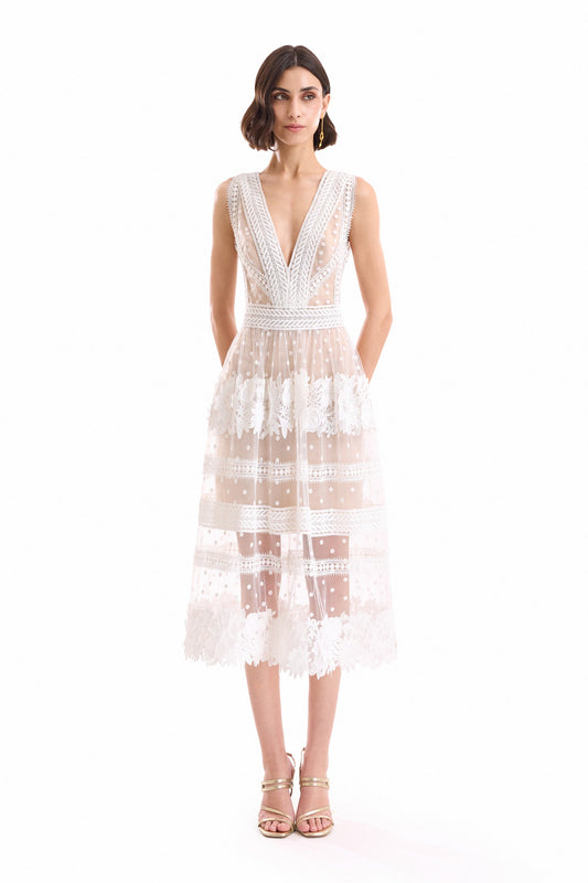 Floral Tulle Midi Dress - Ivory/White