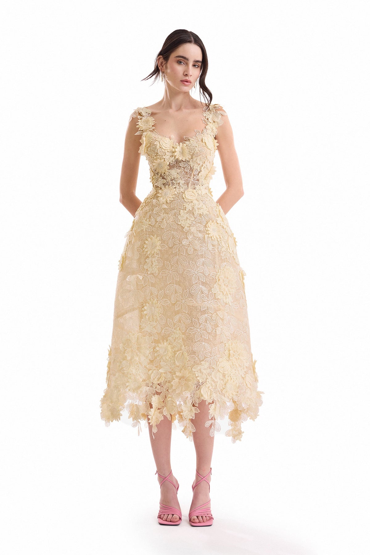 3D Floral Cage Midi Dress - Yellow