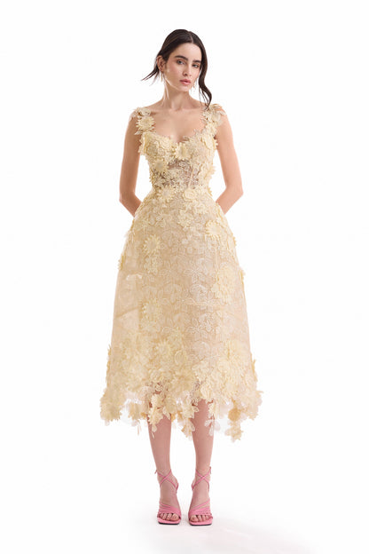 3D Floral Cage Midi Dress - Yellow