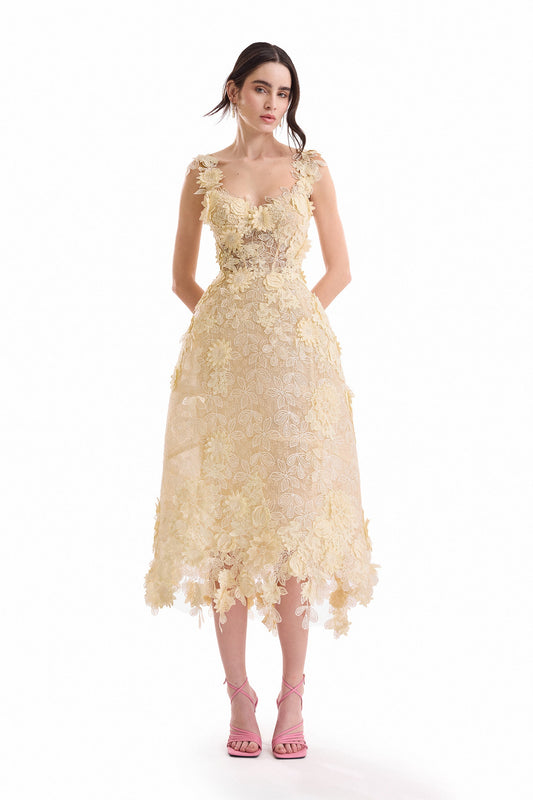 3D Floral Cage Midi Dress - Yellow