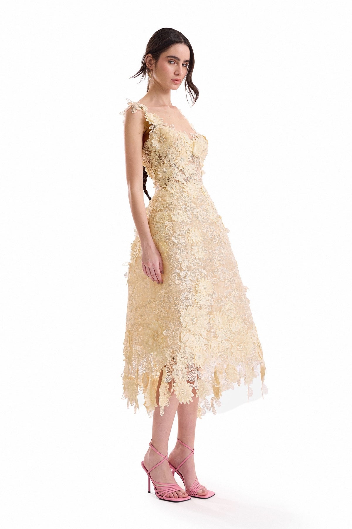 3D Floral Cage Midi Dress - Yellow