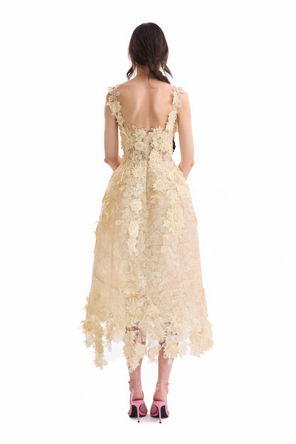 3D Floral Cage Midi Dress - Yellow