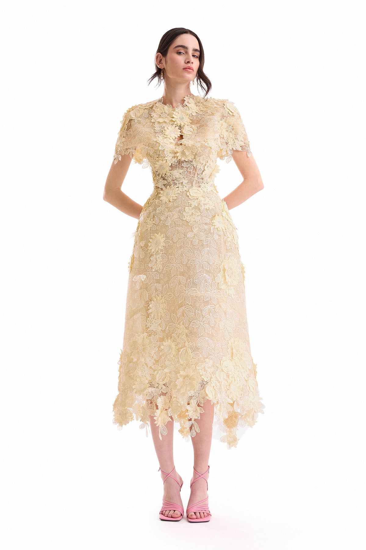 3D Floral Cage Midi Dress with Bolero - Yellow