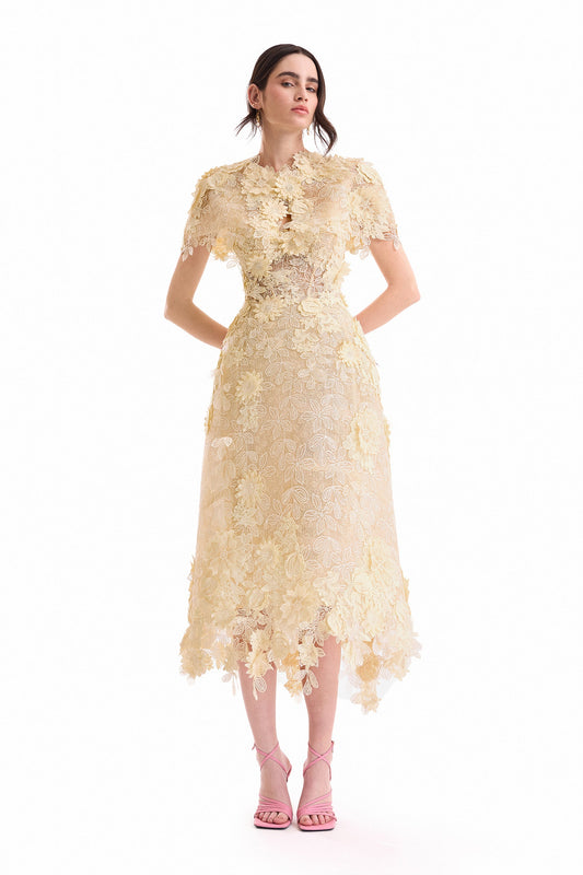 3D Floral Cage Midi Dress with Bolero - Yellow