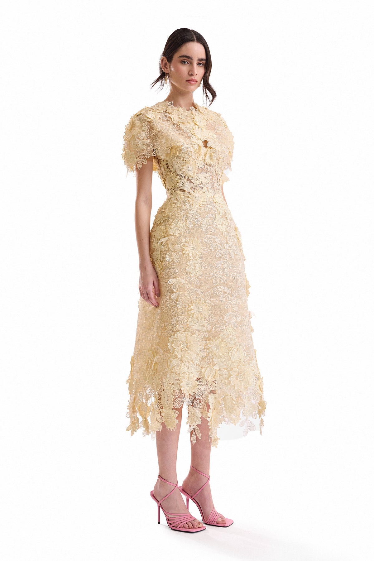 3D Floral Cage Midi Dress with Bolero - Yellow