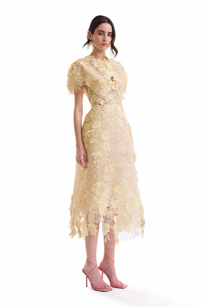 3D Floral Cage Midi Dress with Bolero - Yellow