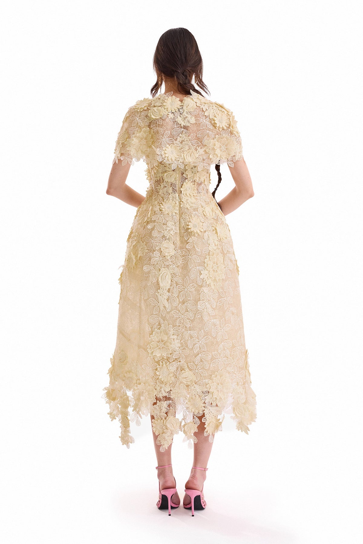 3D Floral Cage Midi Dress with Bolero - Yellow