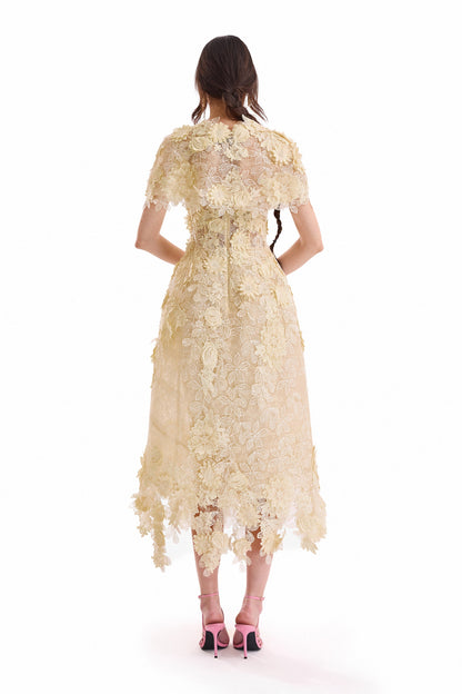 3D Floral Cage Midi Dress with Bolero - Yellow