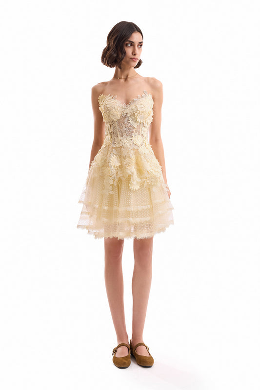 3D Floral Tulle Corset Set with Mini Skirt - Yellow