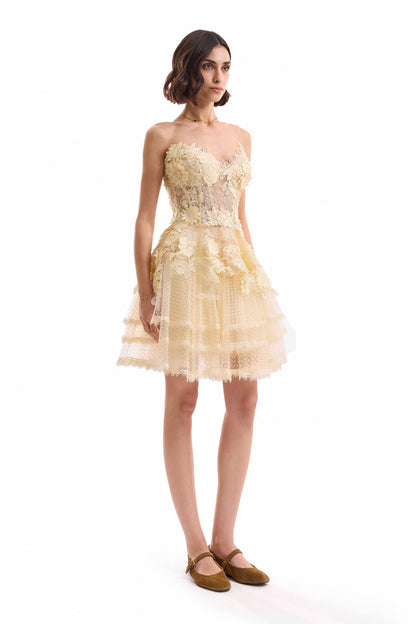 3D Floral Tulle Corset Set with Mini Skirt - Yellow