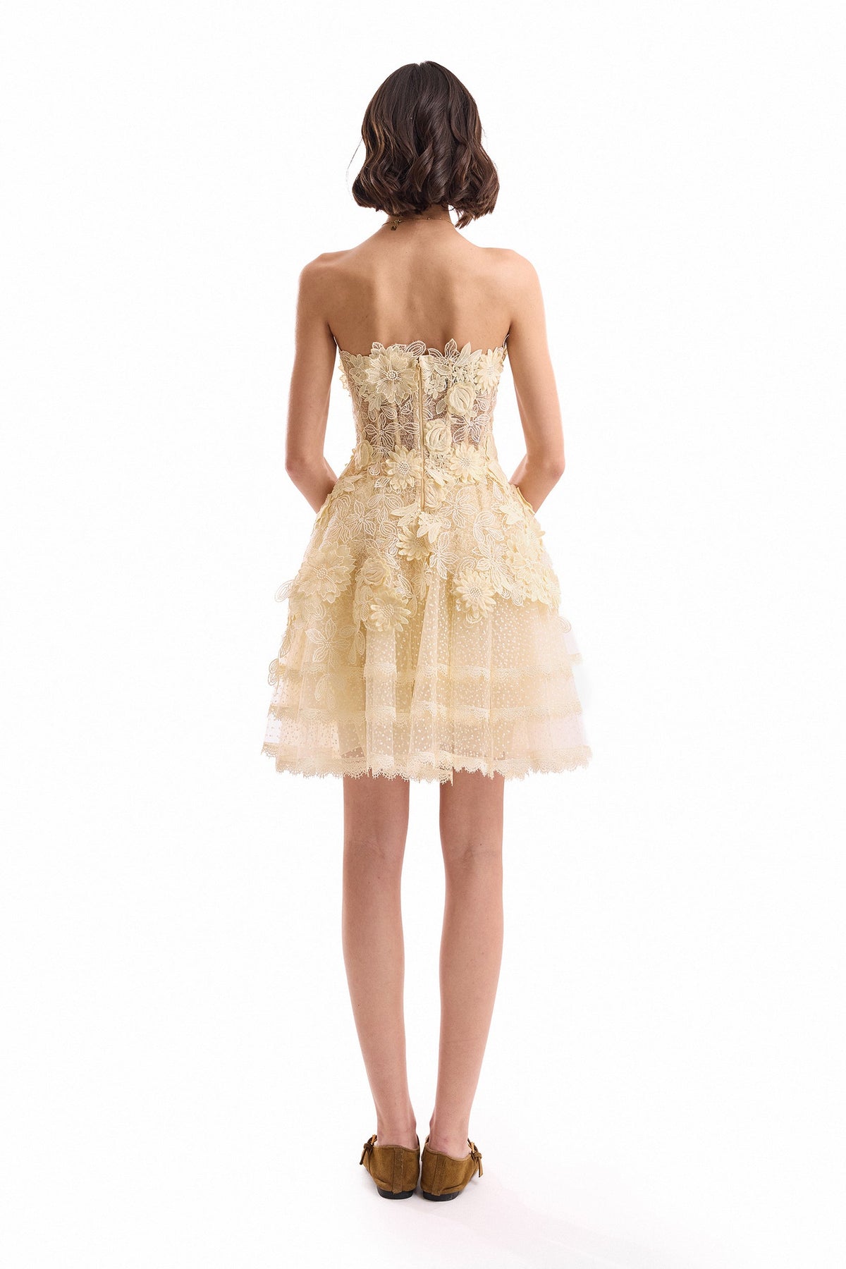 3D Floral Tulle Corset Set with Mini Skirt - Yellow