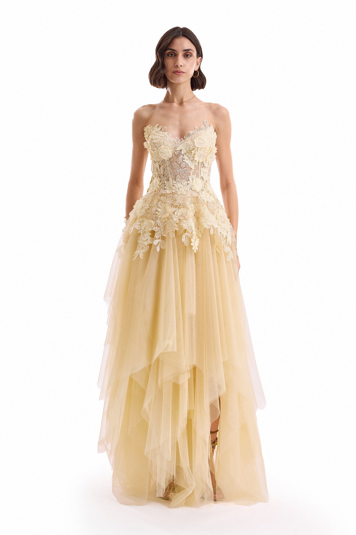 3D Floral Tulle Corset Set with Long Skirt - Yellow